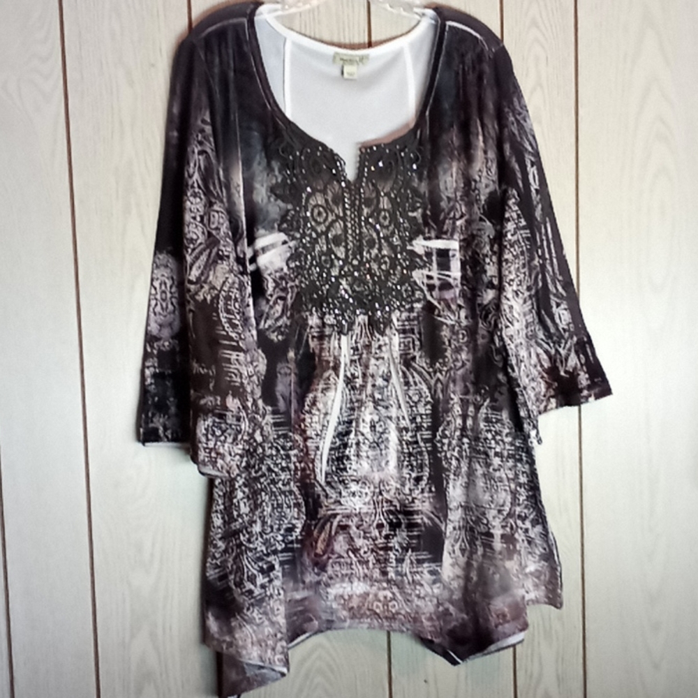 One World 3/4 Bell Sleeve Embellished Top